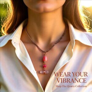 Hand Crafted | Pink Agate & Quartz Pendant + Copper Figaro Chain | Spring Colors